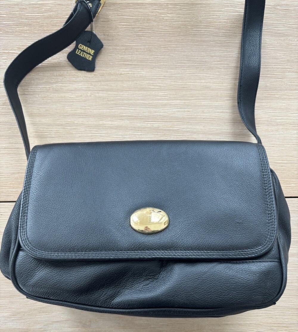 Vintage NWT Toni Genuine Leather Black Crossbody Shoulder Bag Multiple Pockets